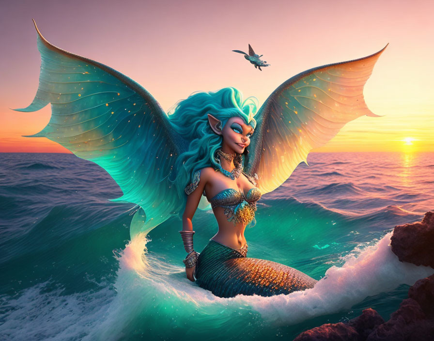 Mermaid with Glowing Wings on Ocean Waves at Sunset