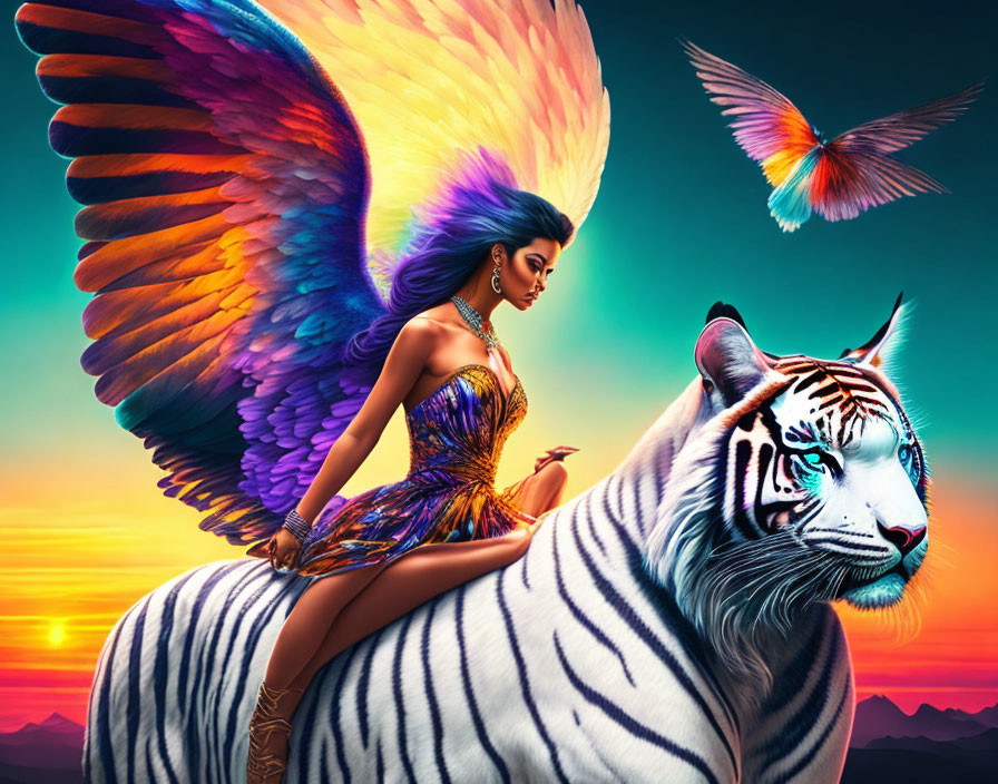 Iridescent-winged woman on white tiger under vibrant sunset