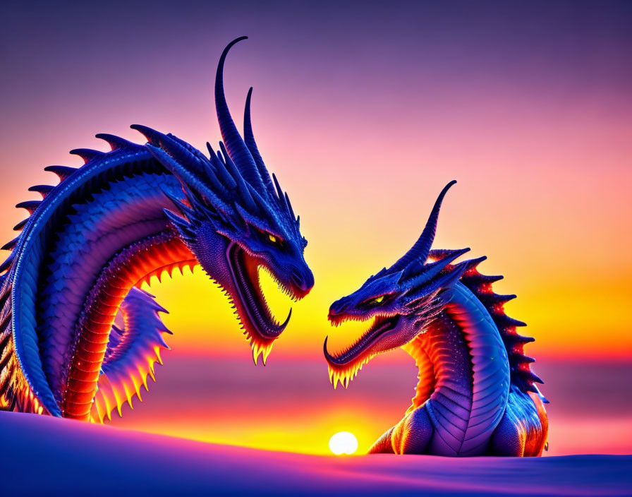 Majestic dragons in vibrant sunset scene