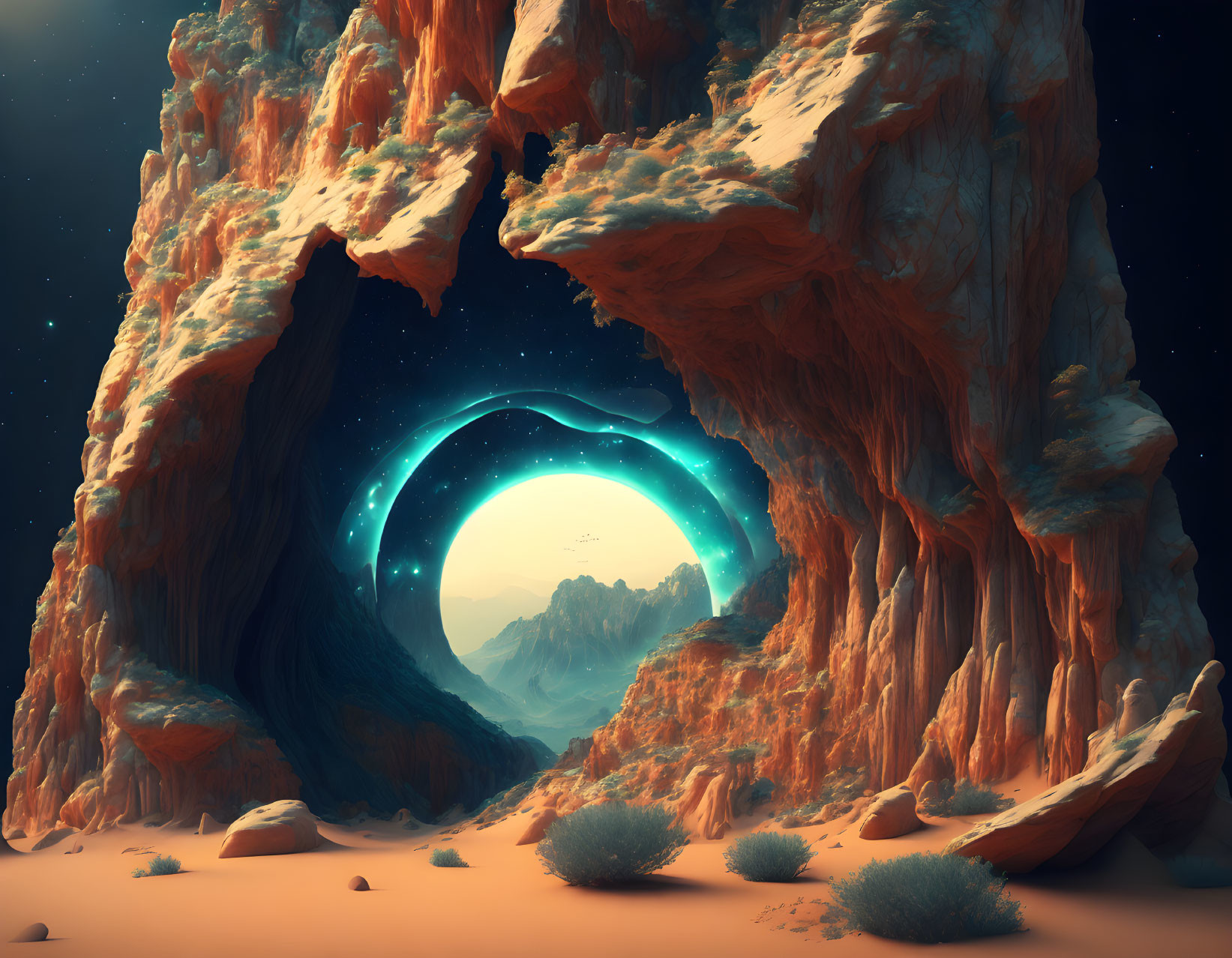 Sci-fi landscape with rock arch, orange terrain, oversized moon