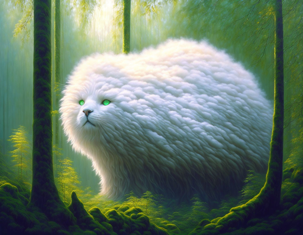 Fluffy white cat with green eyes in mystical forest