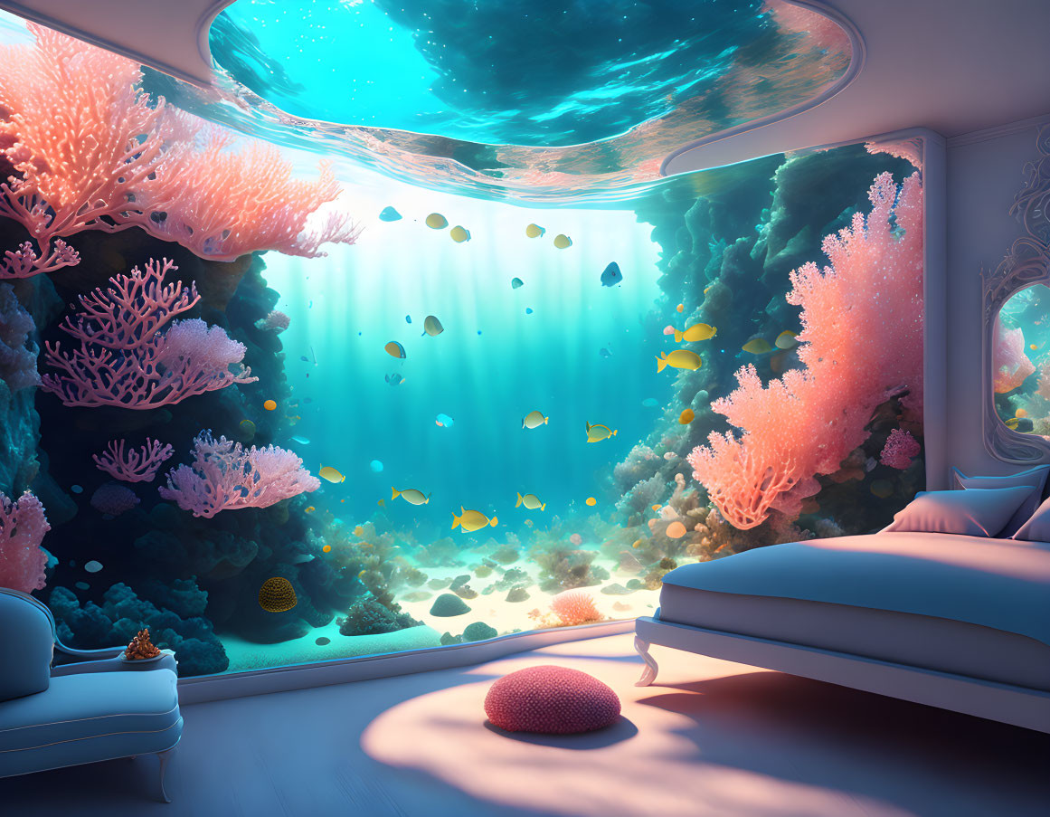 Immersive Underwater-Themed Bedroom with Large Aquarium Wall