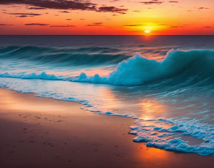 Vibrant sunset beach scene with orange skies and blue waves