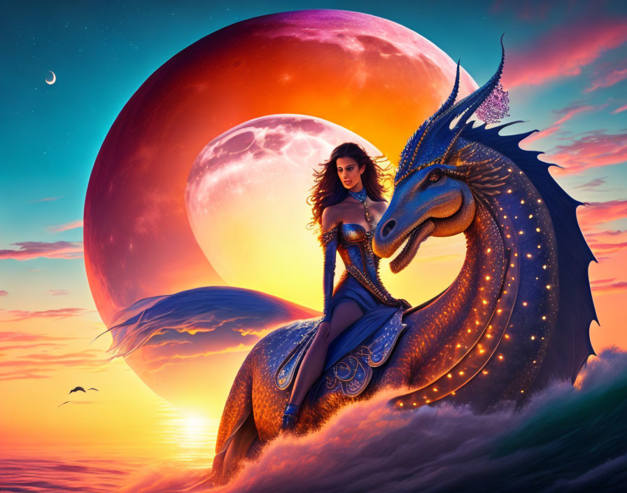 Woman in ornate armor rides dragon by seashore with reddish moon and vivid sunset sky