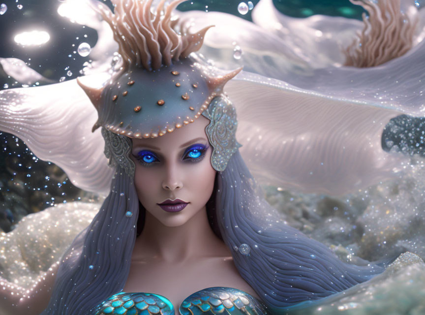 Fantasy illustration of a blue-eyed mermaid with ornate headdress