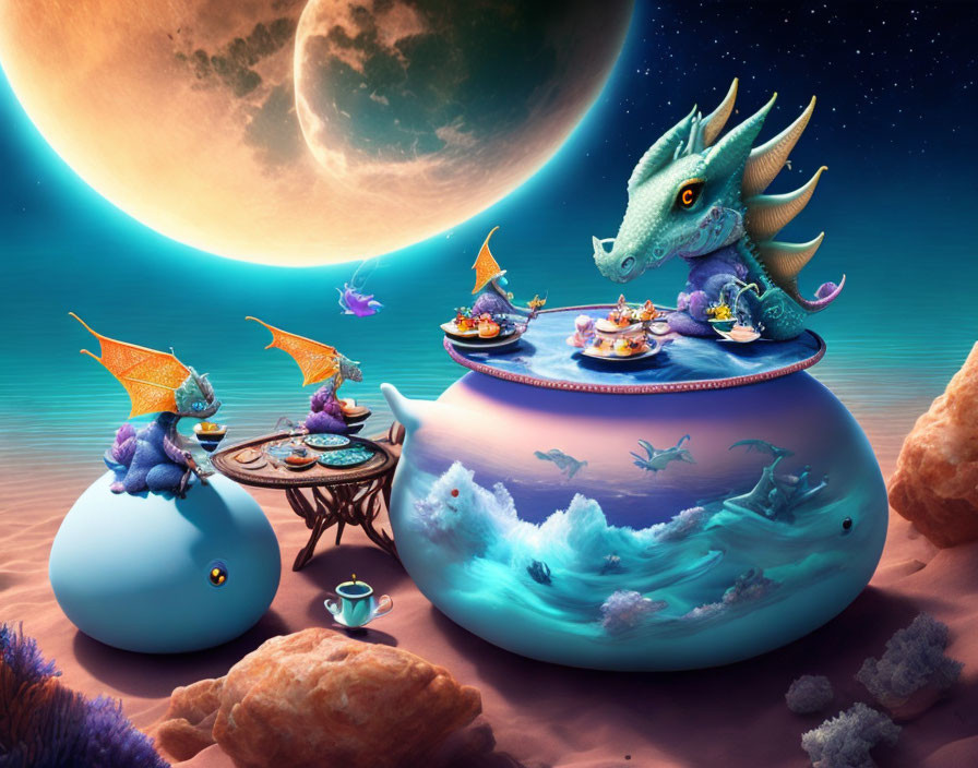 Dragons Tea Party on Surreal Aquatic Planet with Airborne Fish