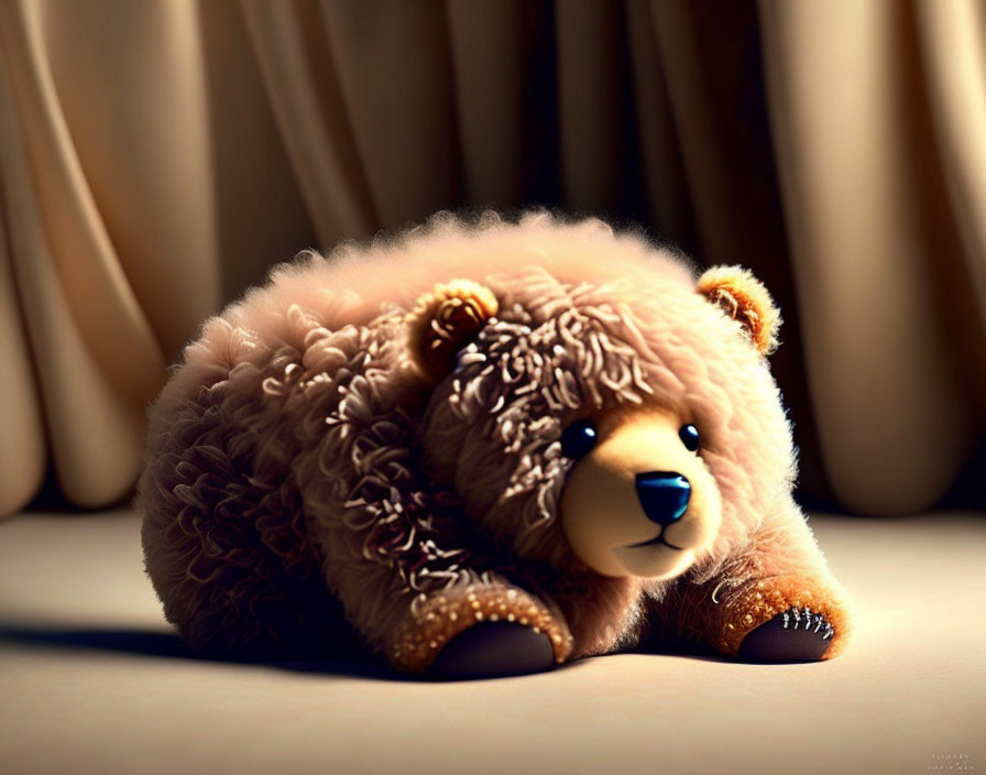 Soft Fur Teddy Bear in Front of Cream Curtains