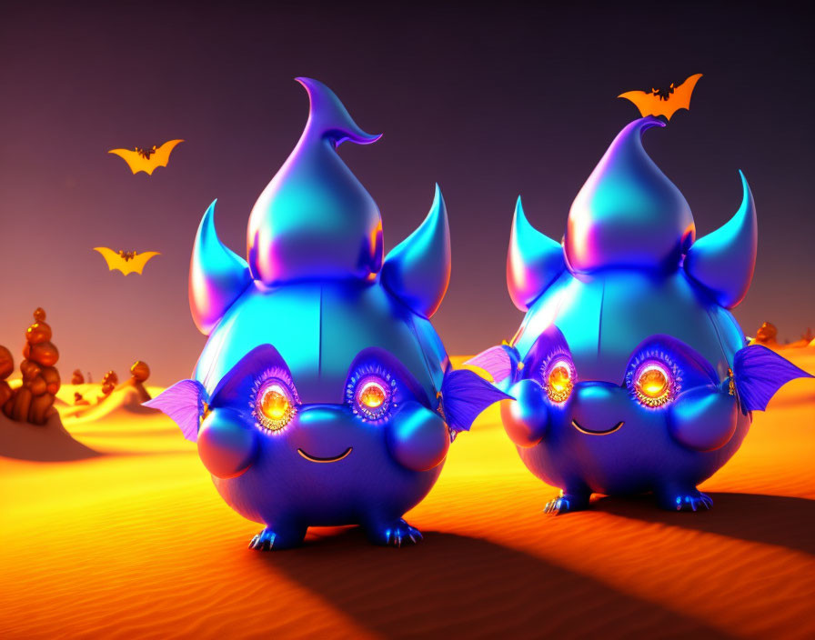 Shiny blue animated creatures with bat-like wings in desert sunset scene