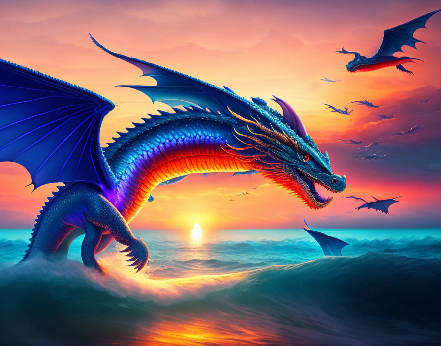 Colorful Blue Dragon Soaring Over Sunset Ocean With Other Dragons