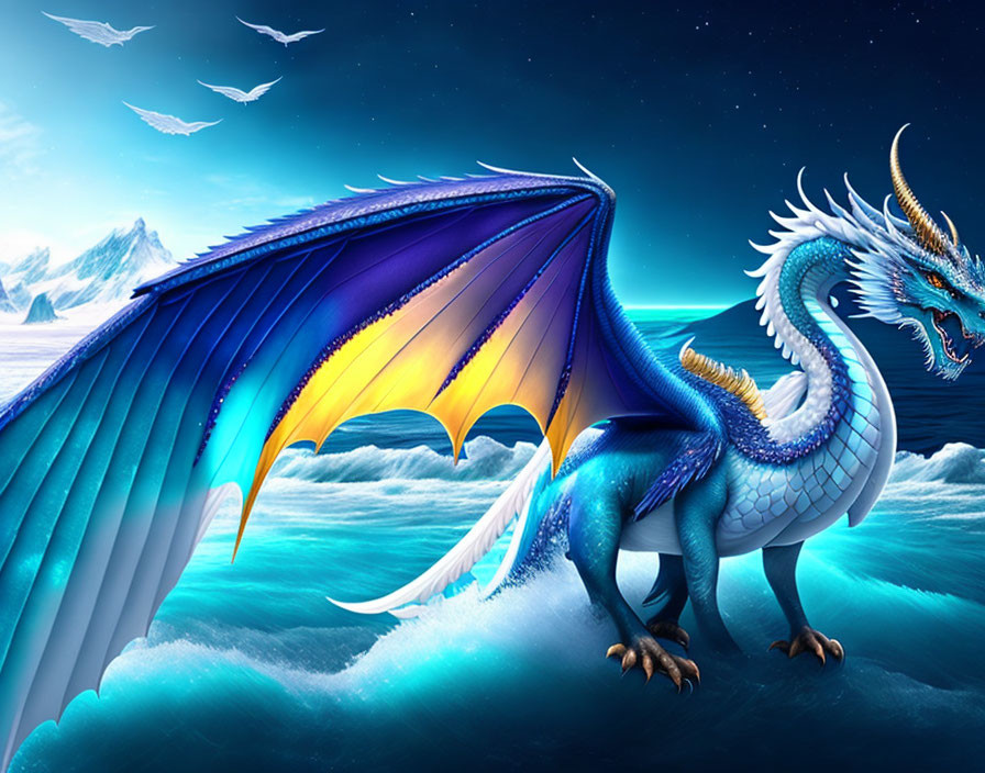 Blue dragon with blue and purple wings on snowy cliff with mountain backdrop