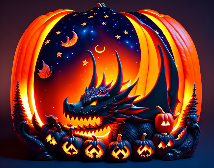 Colorful digital artwork: Carved pumpkin, dragon, night sky