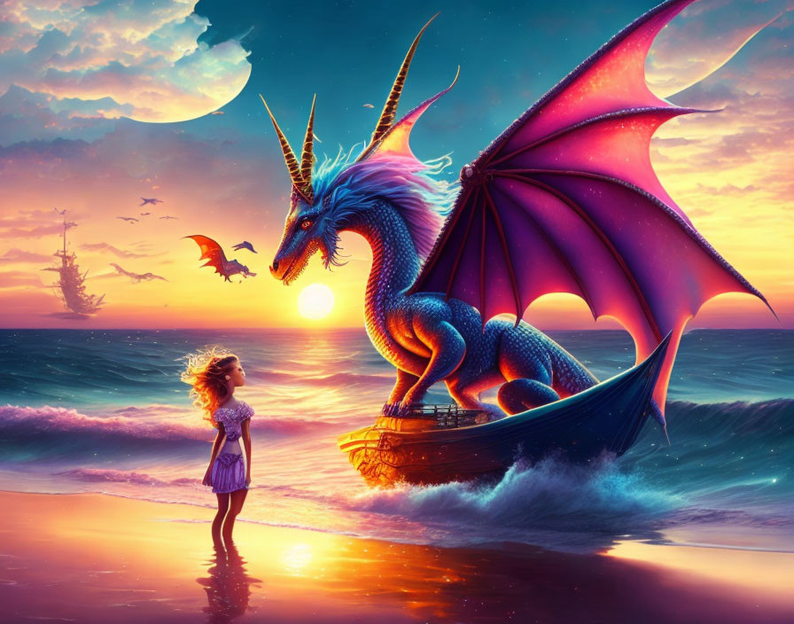 Girl on beach at sunset with colorful dragon on boat, ship, and crescent moon.