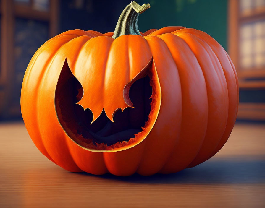 Carved pumpkin with spooky face on wooden floor for Halloween