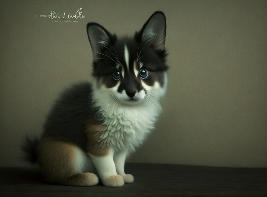 Fluffy black and white kitten with big eyes on textured dark backdrop