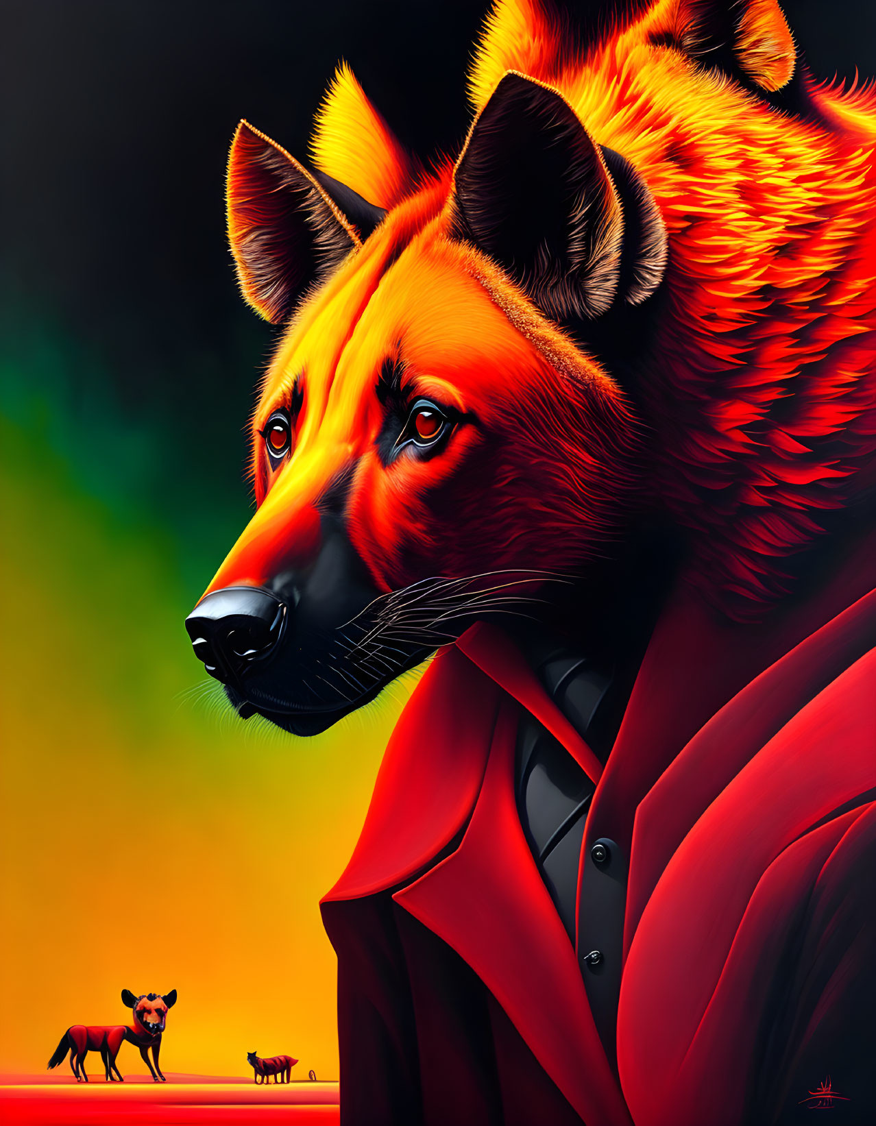 Colorful Stylized Fox Portrait in Red Suit with Tiny Fox and Sheep