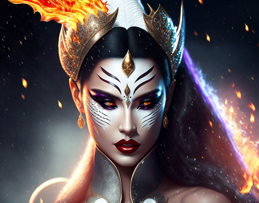 Fantasy illustration of woman with dramatic makeup, ornate horns, flames, starry backdrop