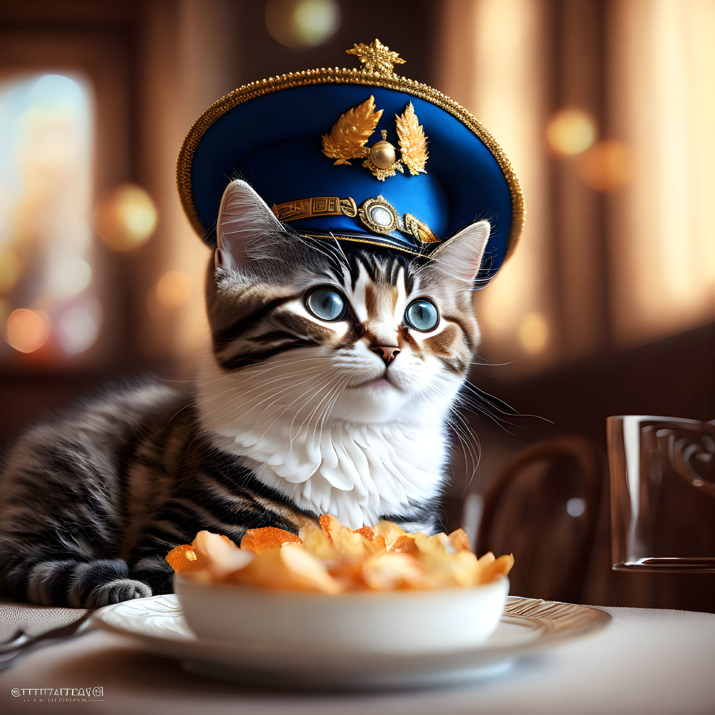 Green-eyed cat in military hat with waffles on table