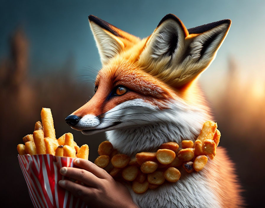 Fox Holding French Fries Cup and Nugget Necklace in Nature