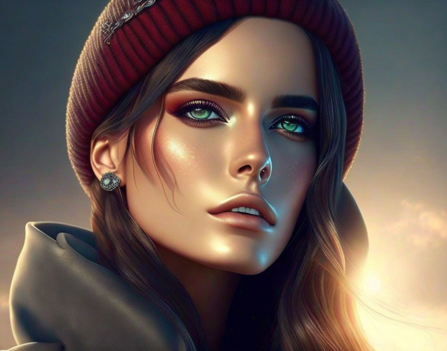 Portrait of woman with green eyes, red beanie, diamond earring