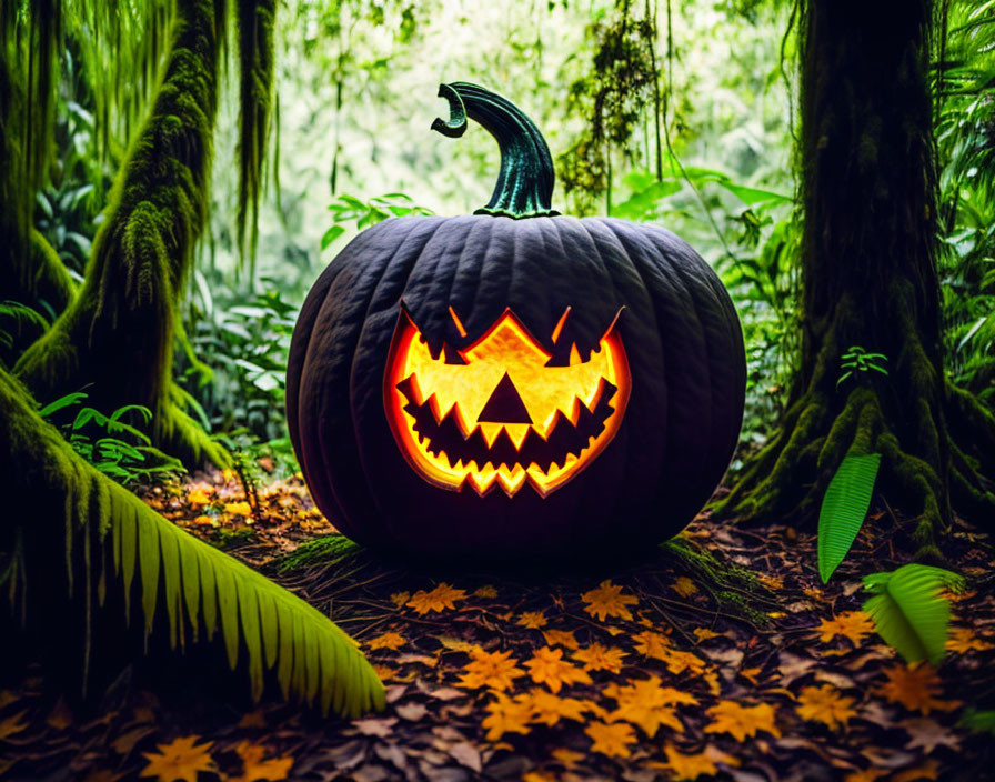 Sinister glowing face carved pumpkin in misty forest