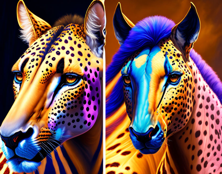 Colorful digital artwork: stylized cheetahs with neon fur on dark backdrop