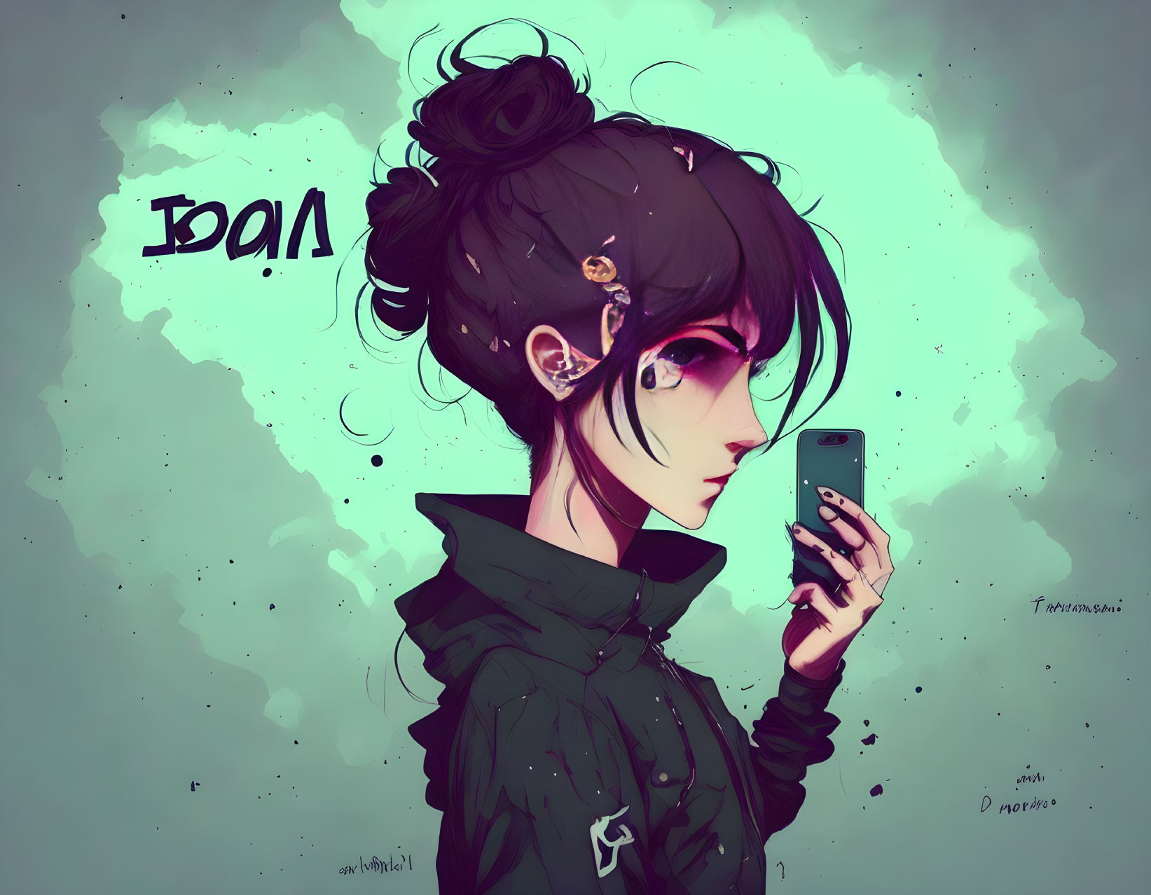 Character with Dark Hair in Bun Wearing Pink Glasses and Green Jacket Looking at Smartphone on Teal Background