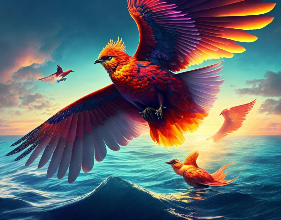 Colorful Birds Flying Over Ocean Waves at Sunset