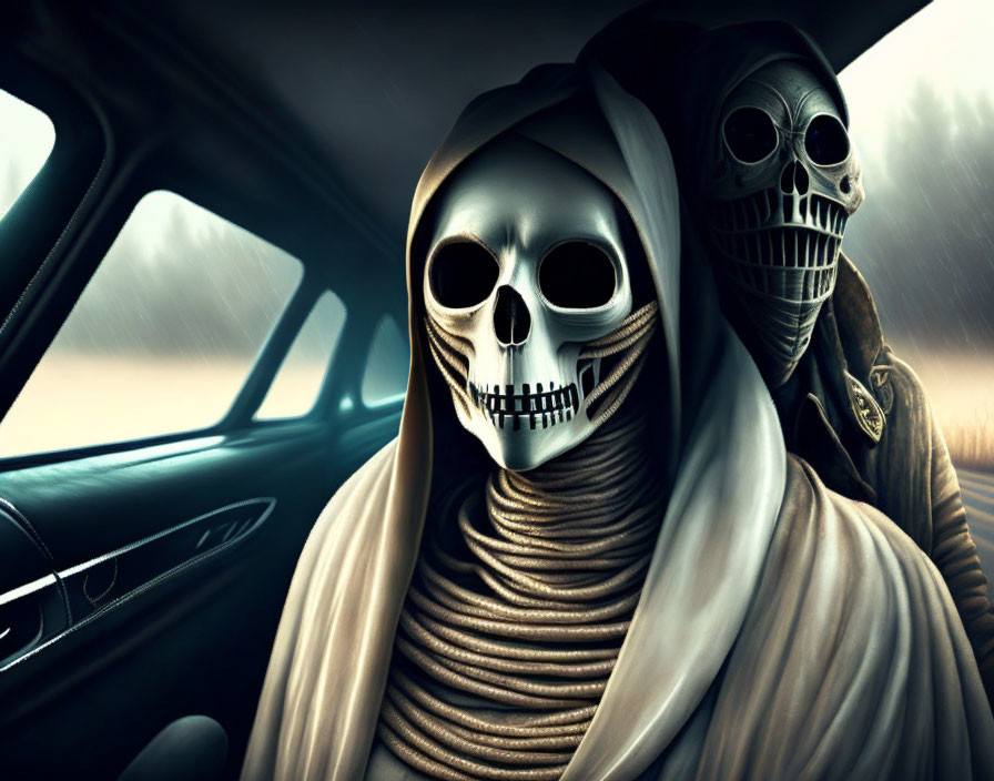 Stylized skeletal figures in robes inside a car with a gloomy vibe