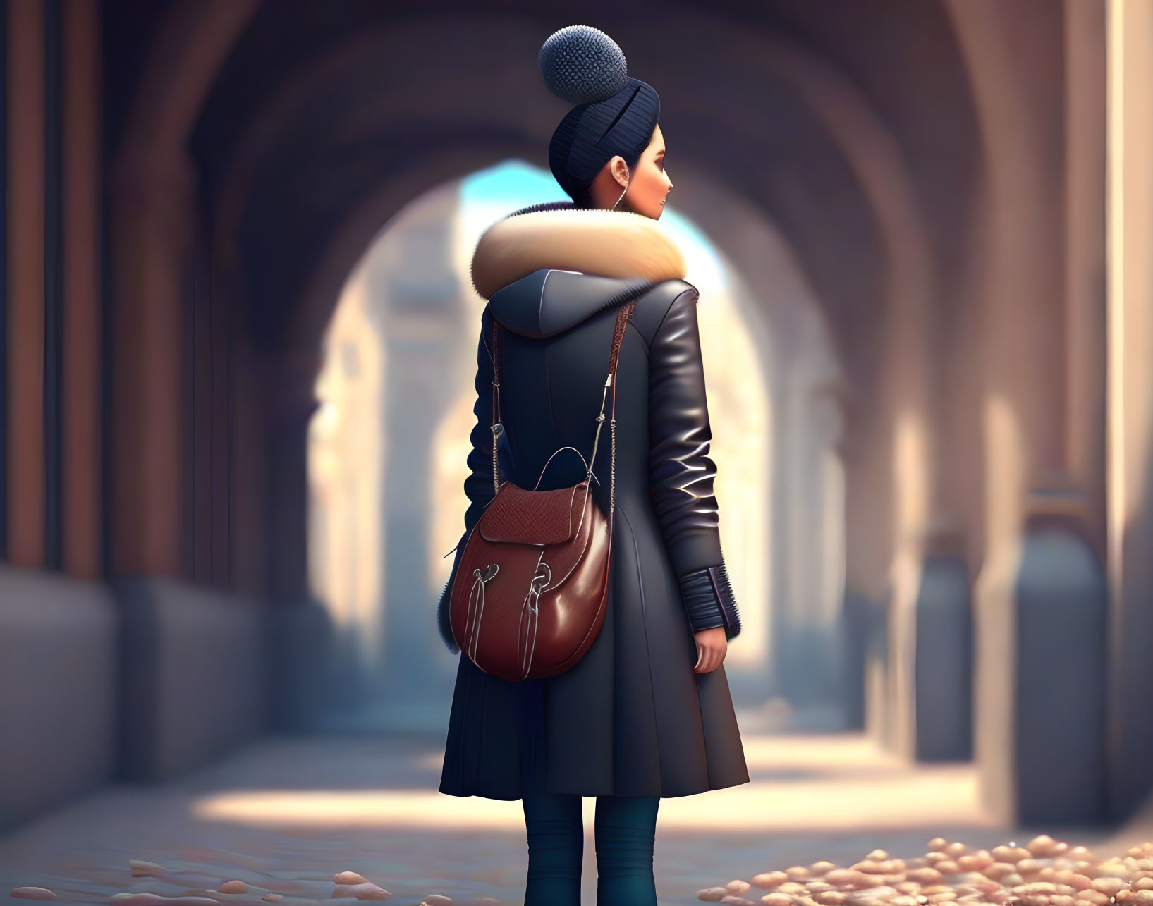 Animated Woman Walking Under Arches in Winter Scene