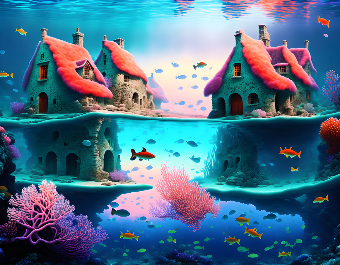 Colorful Fish, Coral Reefs & Stone Houses in Underwater Fantasy