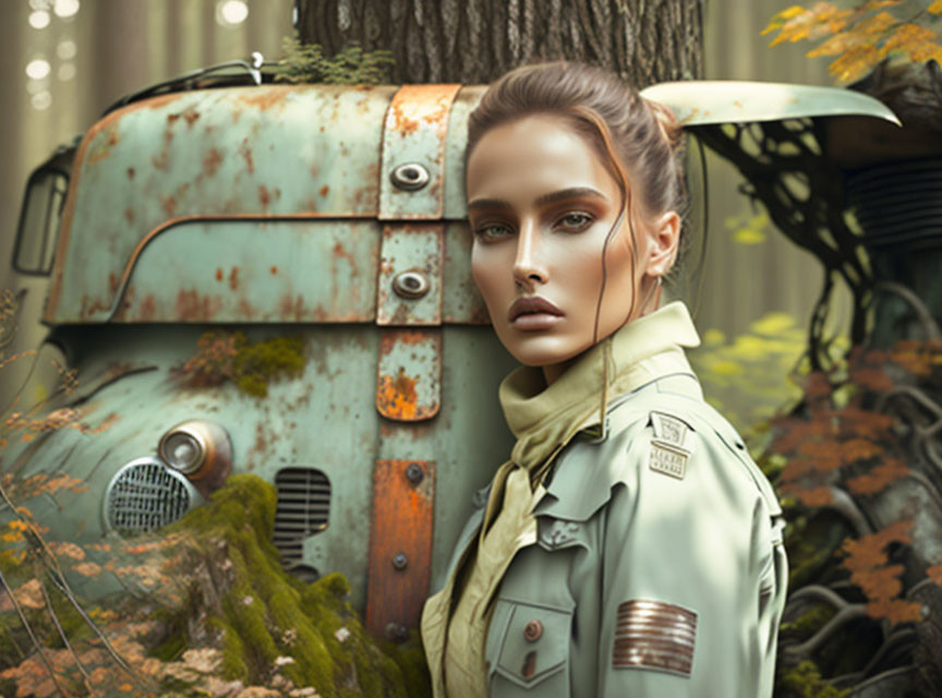 Digital artwork: Woman with striking makeup by vintage vehicle in autumn forest