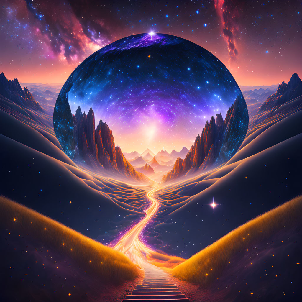 Surreal landscape with cosmic sphere, mountains, glowing path, starry sky