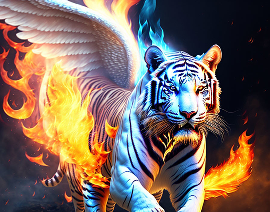 Digital Artwork: White Tiger with Wings Surrounded by Flames