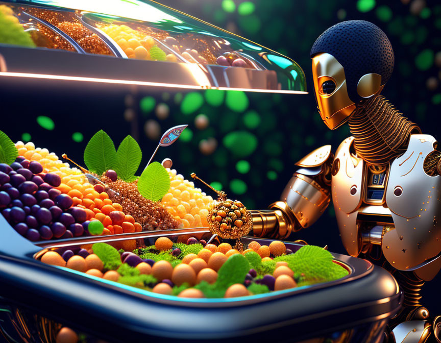 Golden humanoid robot picking berries in futuristic setting