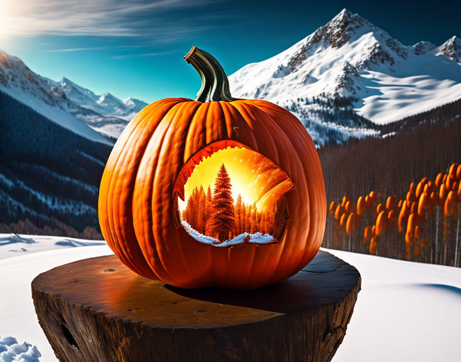 Carved pumpkin with autumn landscape and snowy mountain backdrop