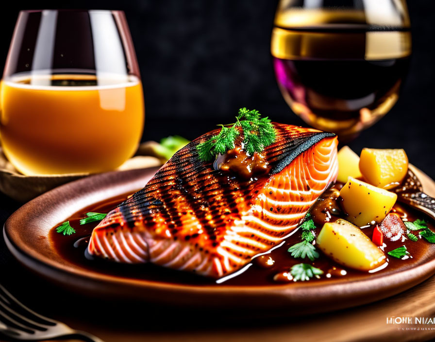 Succulent Grilled Salmon Fillet with Herbs, Potatoes, and Wine