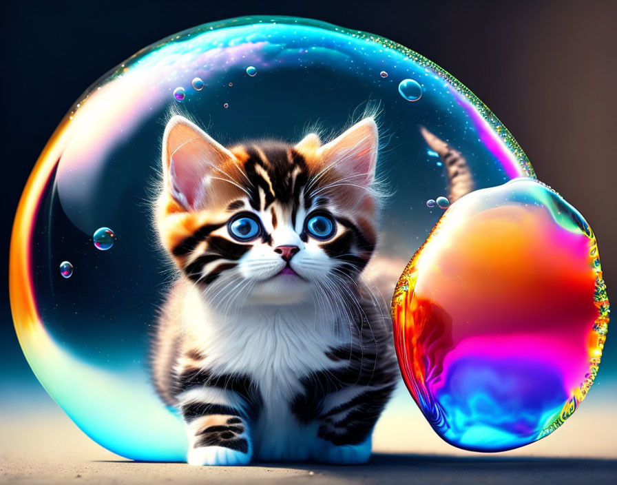 Striped kitten captivated by colorful soap bubbles