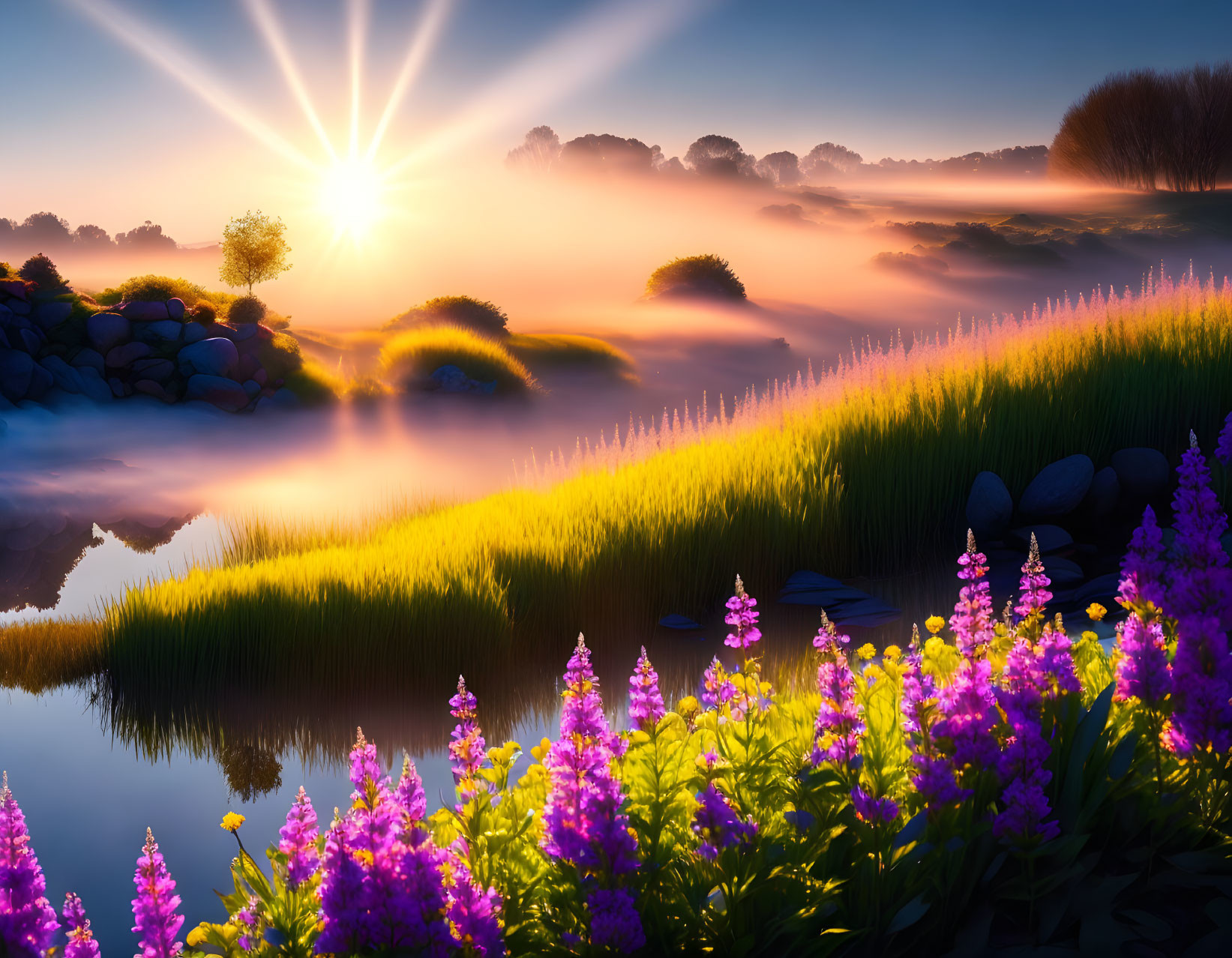 Scenic sunrise over serene lake with mist, greenery, and purple flowers