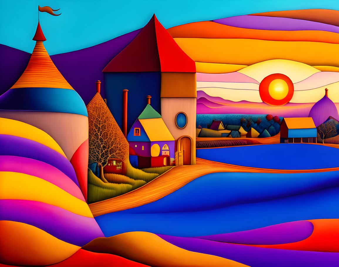 Colorful landscape with rolling hills, whimsical houses, setting sun, and stylized tree under surreal