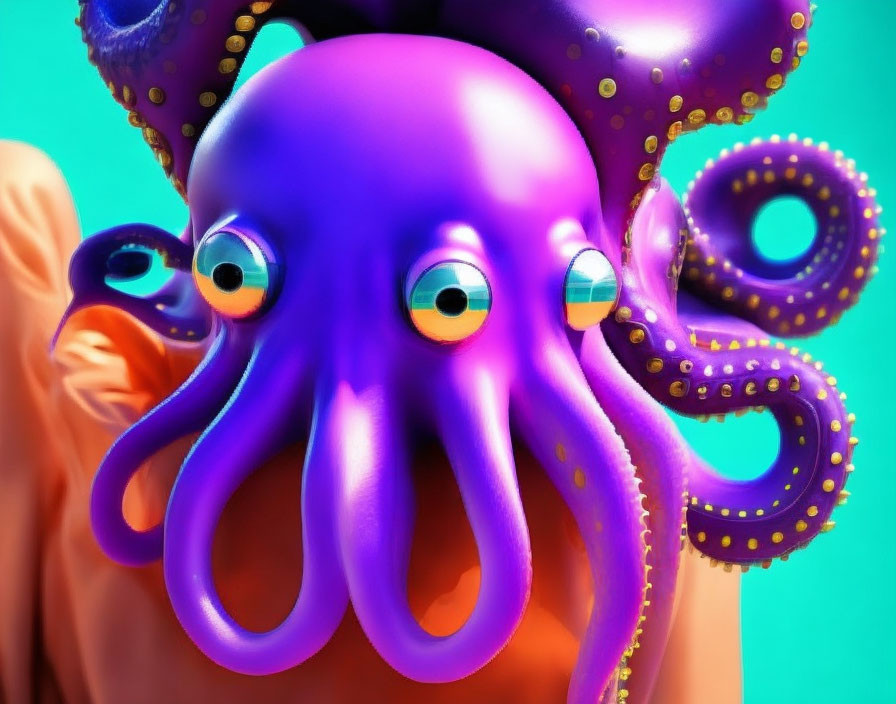 Colorful Cartoon Octopus with Big Eyes on Teal Background