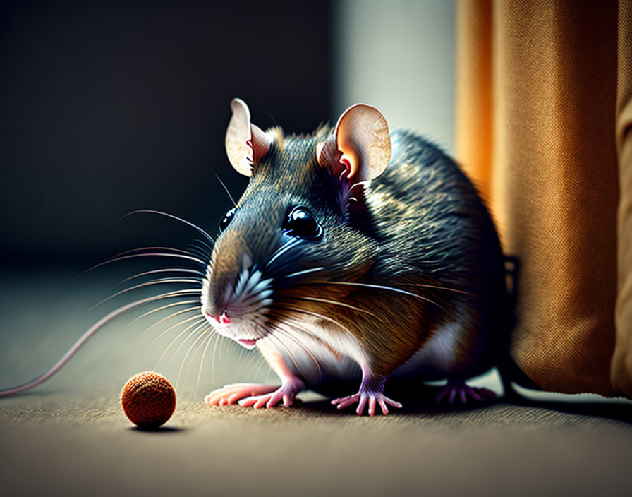 Detailed close-up of brown and white rat with glistening eyes beside a ball