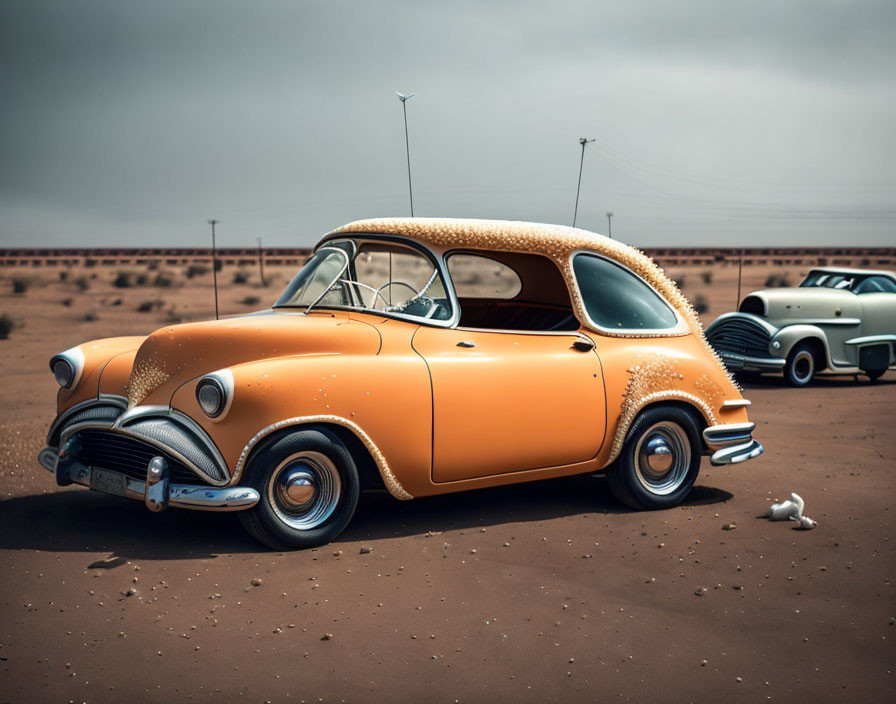 Vintage Orange Car with White-Wall Tires on Dusty Terrain