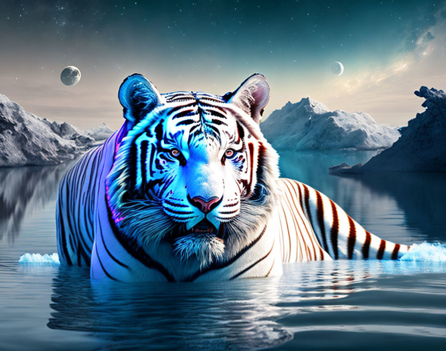 White tiger with vibrant stripes in night landscape with dual moons