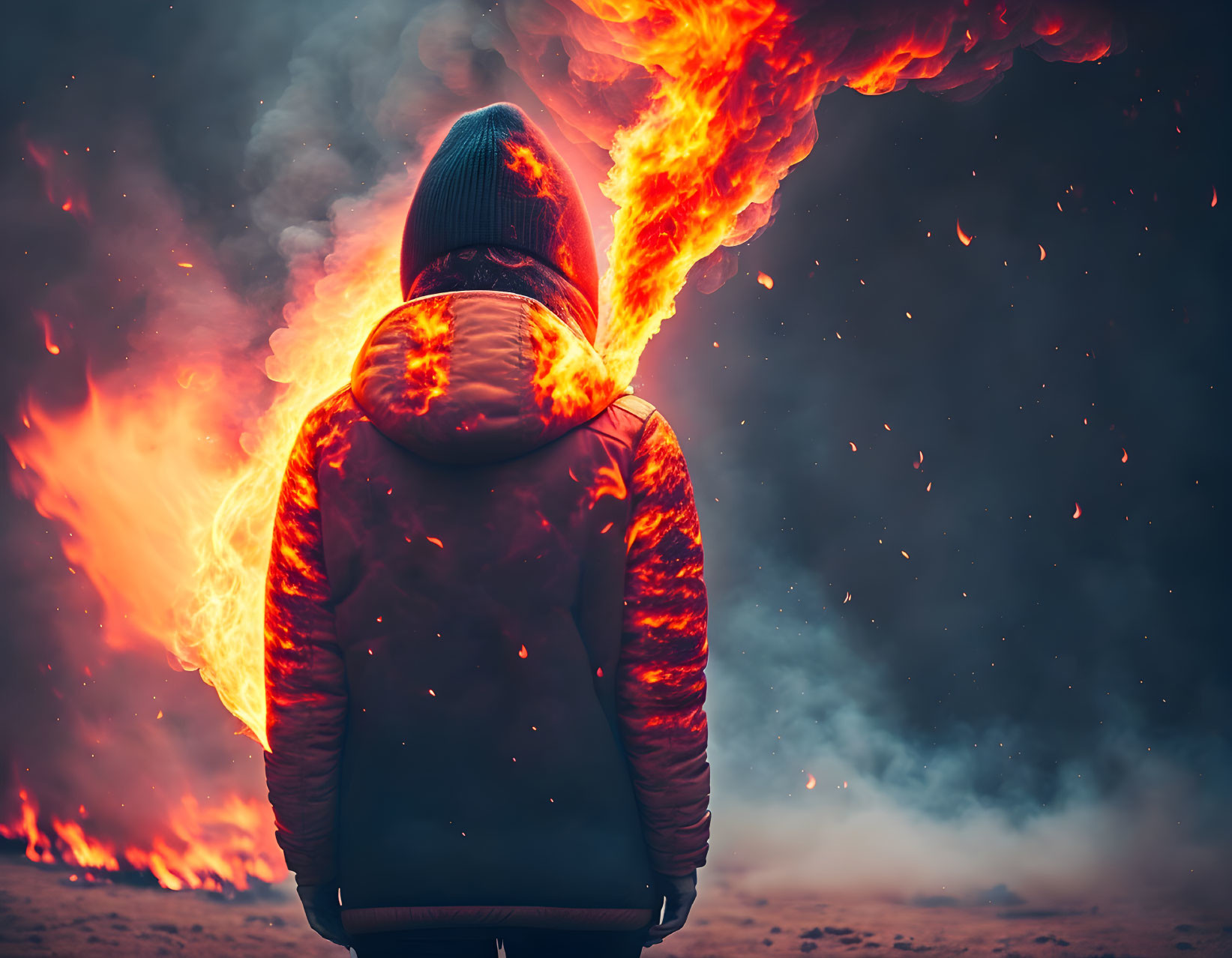 Person in winter hat and orange jacket watches fiery explosion