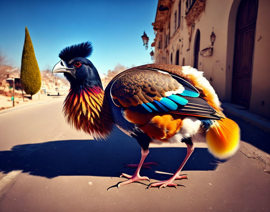 Vibrant Himalayan Monal Pheasant on Paved Street with Historical Buildings