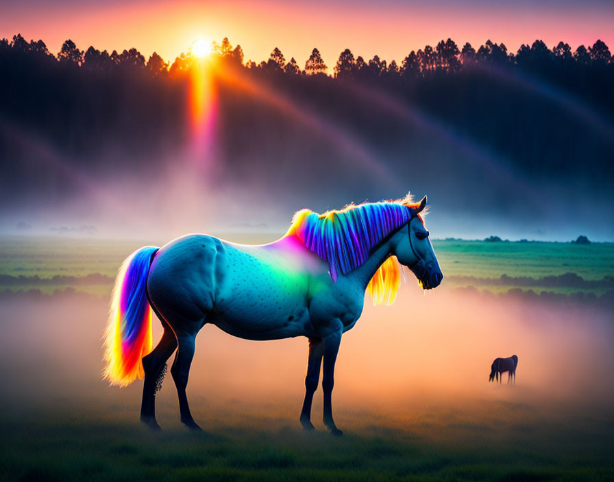 Colorful Horse with Rainbow Mane in Misty Field at Sunrise