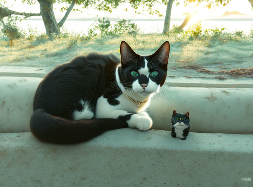 Black and white cat with green eyes next to miniature version on concrete ledge