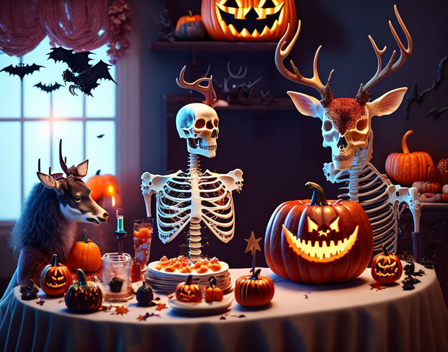 Creepy Halloween-themed room with skeleton, skull deer, pumpkins, bats, candles