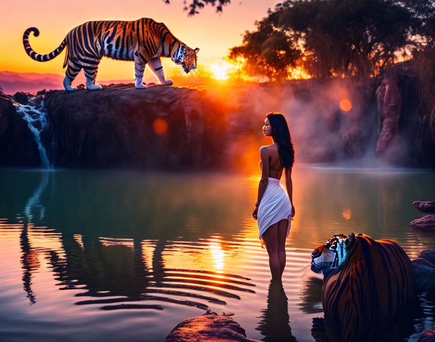 Woman in white admires sunset by tranquil lake with two tigers