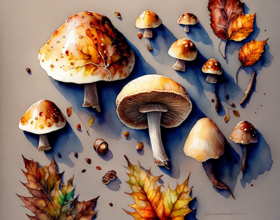 Autumn Mushroom Illustration with Warm Tones & Water Droplets